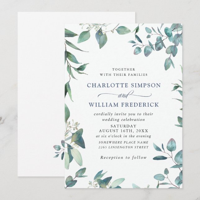 Convites Casamento de Eucalipto Verde com Aquarela Elegante (Frente/Verso)