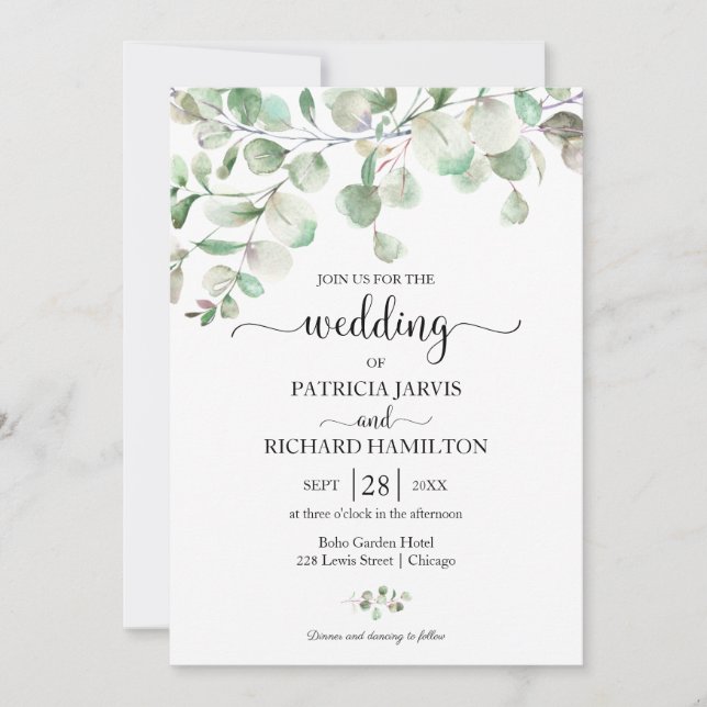Convites Casamento de Eucalipto Verde Elegante (Frente)