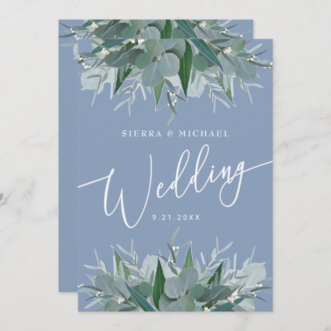 Convites Casamento de Eucalyptus Greenery Dusty Blue (Frente/Verso)