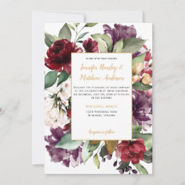 Convites Casamento de Explosão Dourada Floral Vermelha Roxa