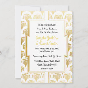 Convites Casamento de fã Gatsby com Arte Dourada e Branca 