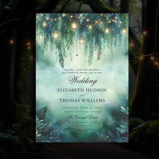 Convites Casamento de Fadas com Lanternas, Floresta Encanta (enchanted forest theme wedding invitation hanging vines lanterns magical fairytale bespoke modern )