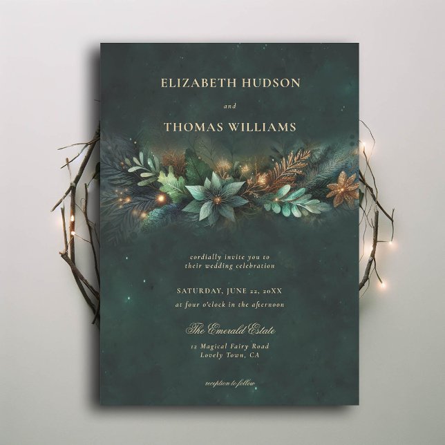 Convites Casamento de Fairytale Mágico Floresta Encantada (enchanted forest wedding invitation emerald gold garland modern classic)