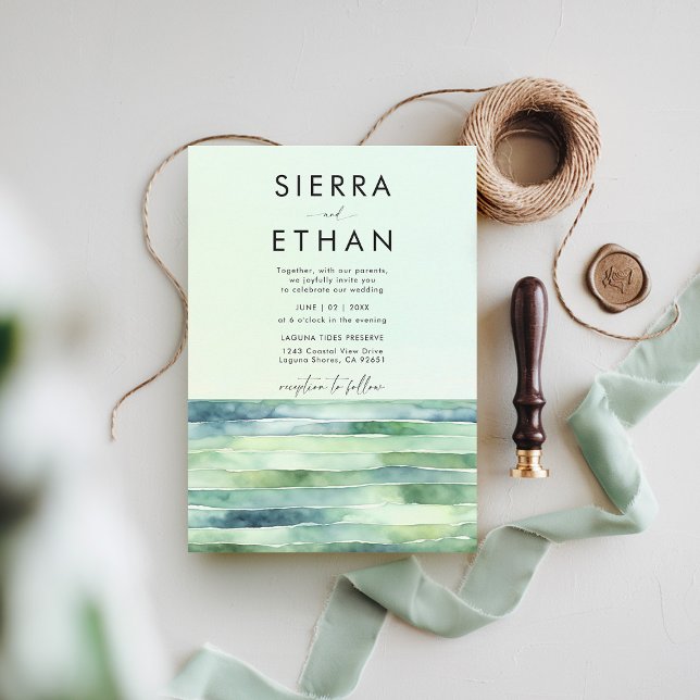 Convites Casamento de faixas verdes do mar de Piscina de pr (coastal wedding invitation rocky beach tide pool sea sage green stripes elegant modern romantic)