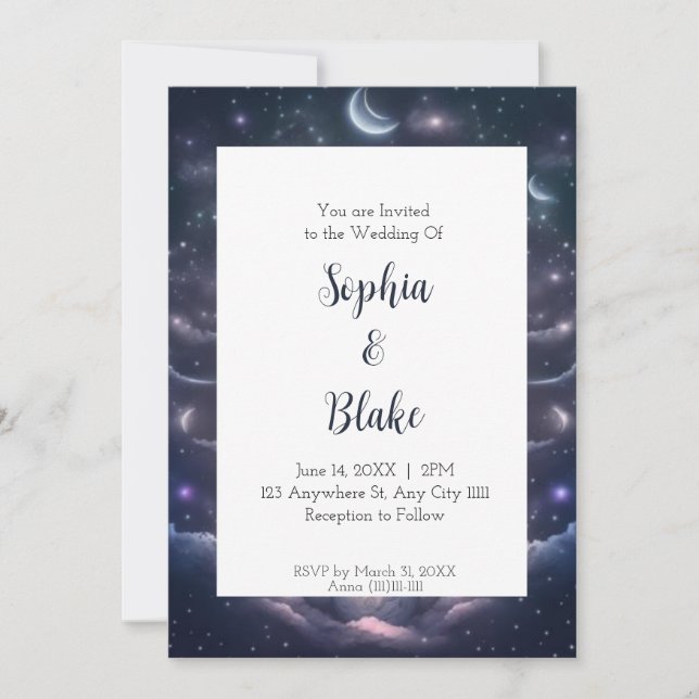Convites Casamento de Fantasia Celestial Azul e Roxo (Frente)
