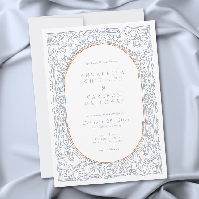 Convites Casamento de Fantasia Medieval em Azul e Dourado (Medieval Fantasy Blue & Gold Etching Wedding Invitation)