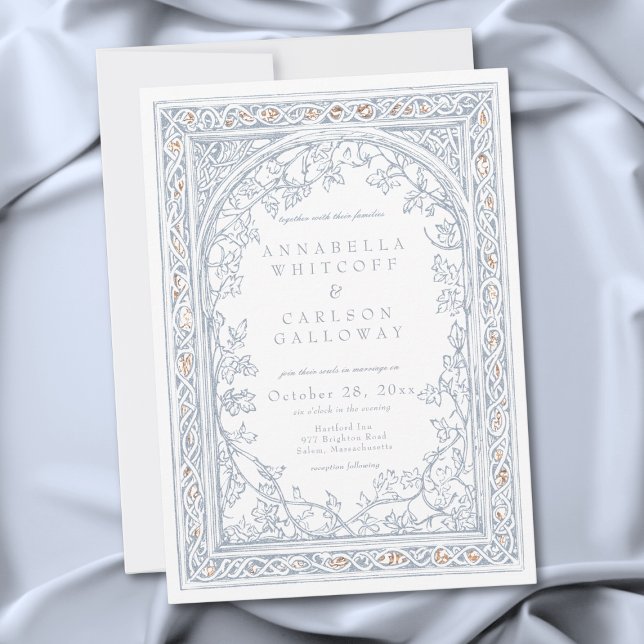 Convites Casamento de Fantasia Medieval em Azul e Dourado c (Medieval Fantasy Arch Blue & Gold Etching Wedding Invitation)