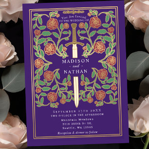 Convites Casamento de Fantasia Medieval Floral Espada Roxa