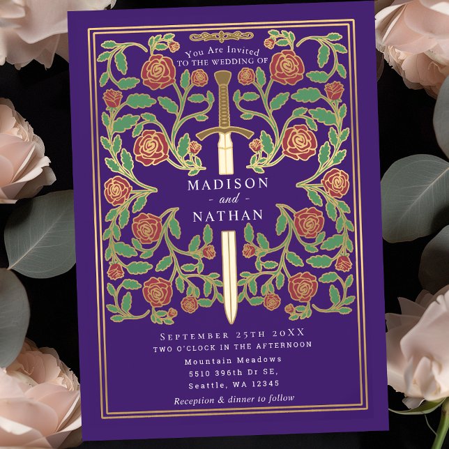 Convites Casamento de Fantasia Medieval Floral Espada Roxa (Criador carregado)