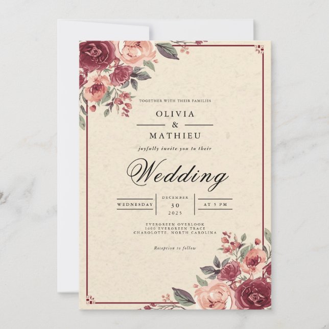 Convites Casamento De Fardo Botânico De Rosa Muted (Frente)