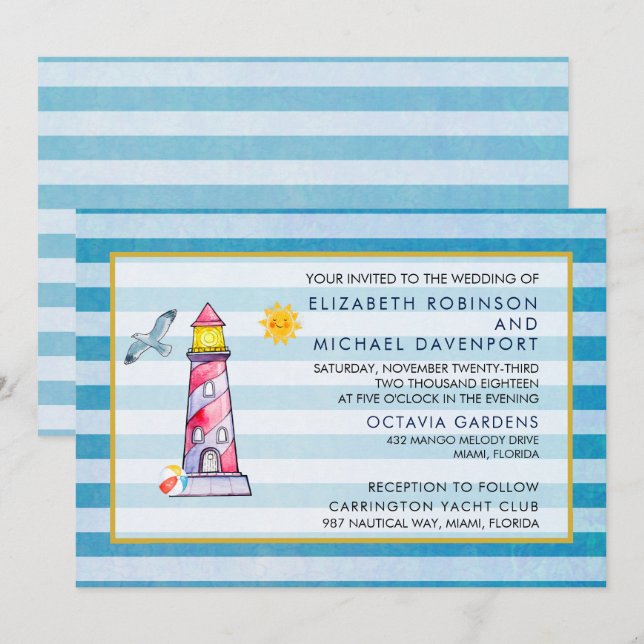 Convites Casamento de Farol de Aquarela com Listras Vermelh (Frente/Verso)