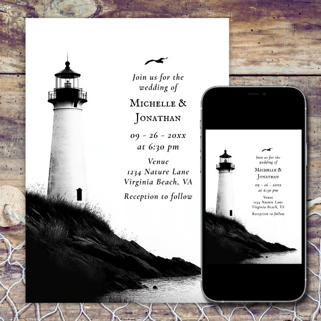 Convites Casamento de Farol Náutico de Praia Costeira (Coastal Beach Nautical Lighthouse Wedding Invitation)