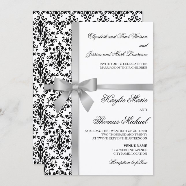 Convites Casamento de Faux Silver Silver Faux Damask Preto  (Frente/Verso)