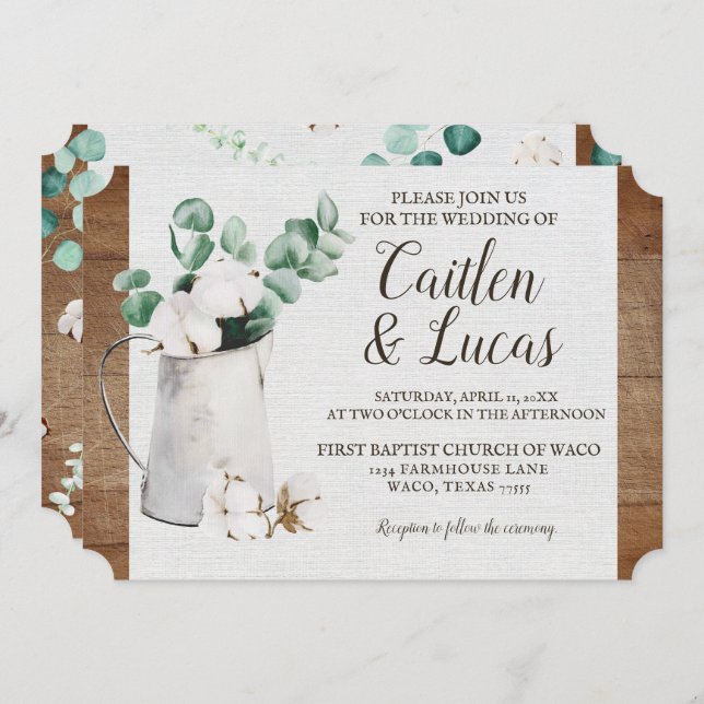 Convites Casamento de fazendeiros Eucalyptus Cotton Stem Sh (Frente/Verso)