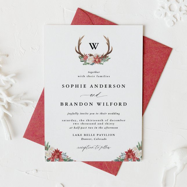 Convites Casamento de Feriado de Antler Wreath Monograma (Watercolor Antler Wreath Monogram Christmas Wedding Invitation)