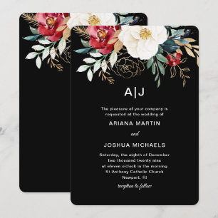 Convites Casamento de Feriado de Buquê Floral Negro Elegan