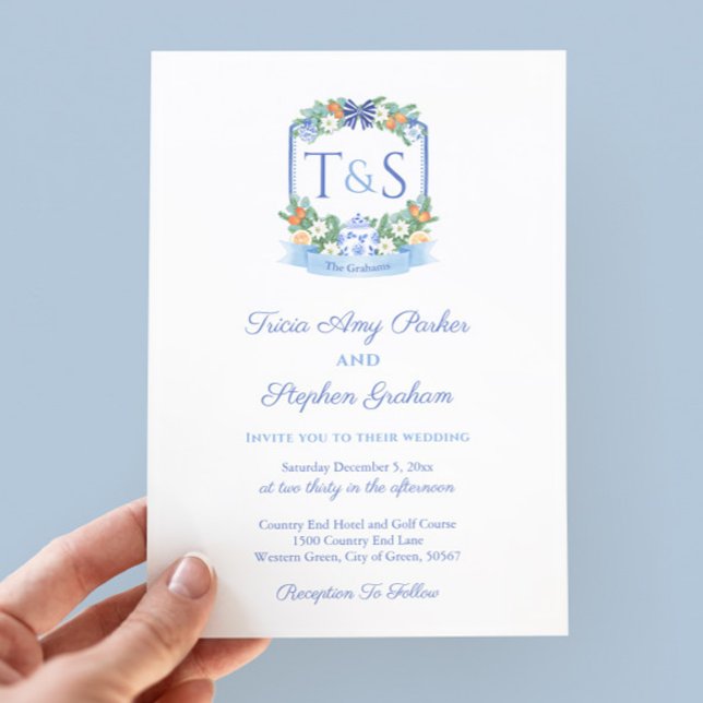 Convites Casamento de Feriados de Crest de Citrinos Brancos (Citrus Ginger Jar Holidays Wedding Watercolor Monogram Crest Invitation)