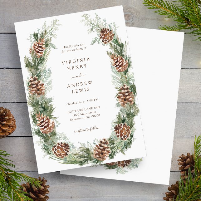 Convites Casamento de Férias de Inverno (White Winter Holiday Pinecone Wedding Invitation by Painted Paperie
)