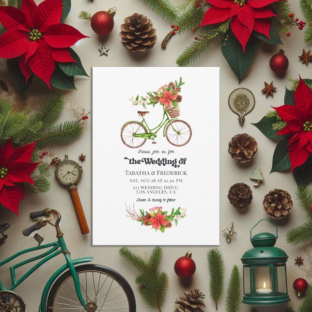 Convites Casamento de Férias de Natal da Bicicleta de Poins (Retro Poinsettia Bicycle Christmas Holiday Wedding Invitation)