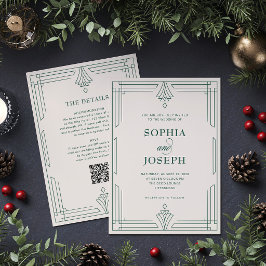 Convites Casamento de Férias em Marfim e Verde QR Code Tudo