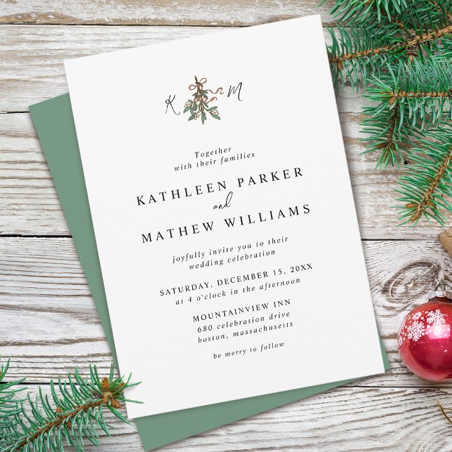 Convites Casamento de Férias Iniciais de Visco (Mistletoe Initials Holiday Wedding Invitation)