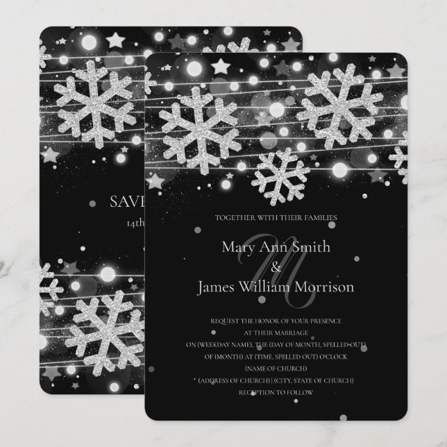 Convites Casamento de Férias Silver & Black Salve A Data (Frente/Verso)