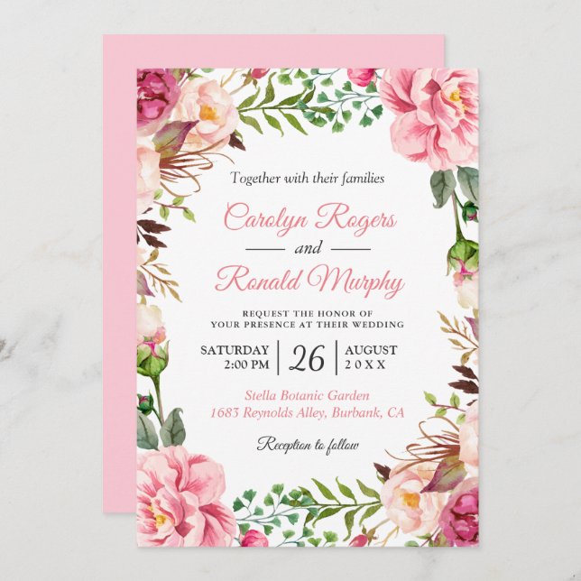 Convites Casamento De Ferida Floral Botânica Rosa-Esbranqui (Frente/Verso)
