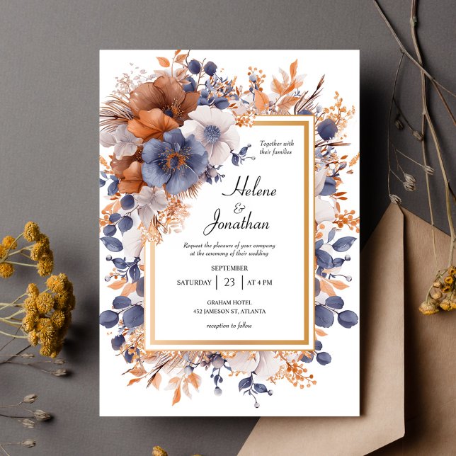 Convites Casamento de Ferrugem Azul Dusty, Elegante de Jard (Garden Elegant Watercolor Dusty Blue Rust Wedding Invitation)