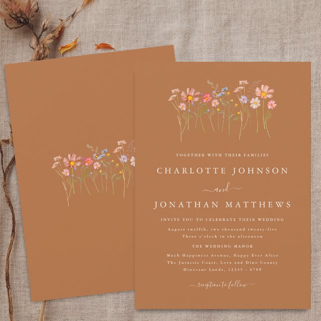 Convites Casamento de Ferrugem Laranja de Marrã-prateada (Boho fall Wildflower floral brown sugar terracotta orange Wedding invitation Watercolor flowers)