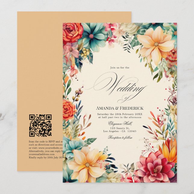 Convites Casamento de Festa Elegante com Aquarela e Código  (Frente/Verso)