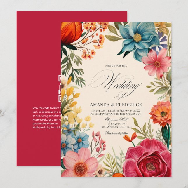 Convites Casamento de Festa Floral em Aquarela com Código Q (Frente/Verso)