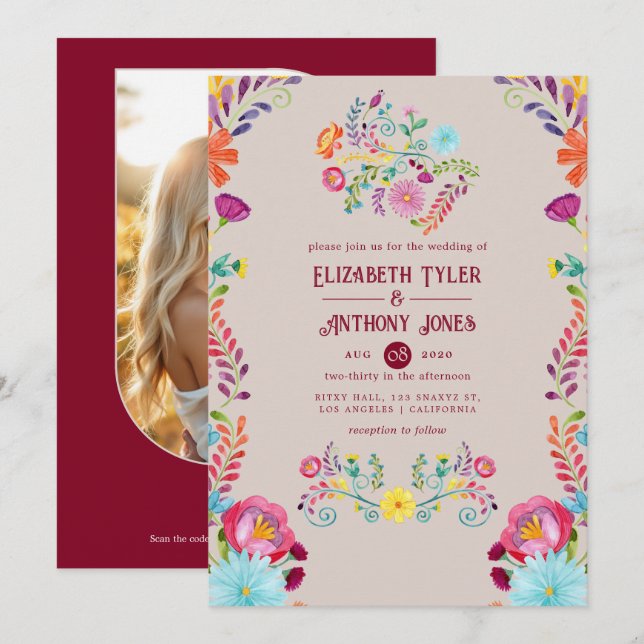 Convites Casamento de Festa Mexicana com Floral Bege/Açafrã (Frente/Verso)