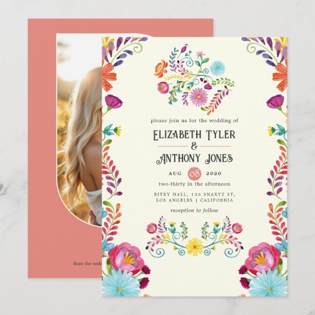 Convites Casamento de Festa Mexicana com Floral de Marfim e (Frente/Verso)