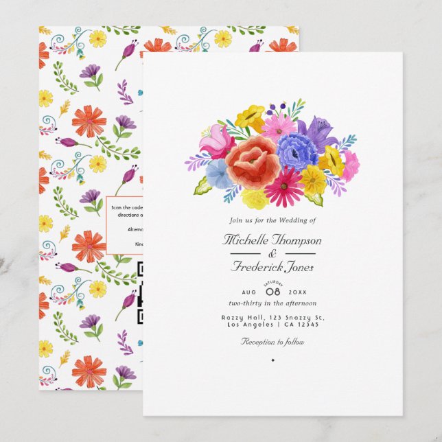 Convites Casamento de Fiesta Floral Aquarela com RSVP Códig (Frente/Verso)