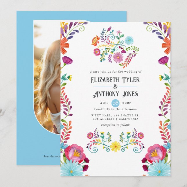 Convites Casamento de Fiesta Mexicana Azul Céu e Branco Flo (Frente/Verso)