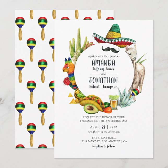 Convites Casamento de Fiesta Mexicana em Aquarela (Frente/Verso)