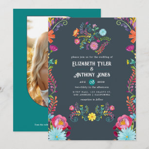 Convites Casamento de Fiesta Mexicana Floral Cinza Carvão e