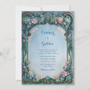Convites Casamento de Filigrana Floral Azul Pó