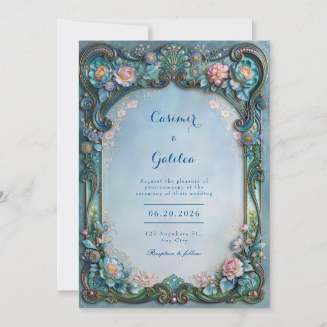 Convites Casamento de Filigrana Floral Azul Pó (Frente)