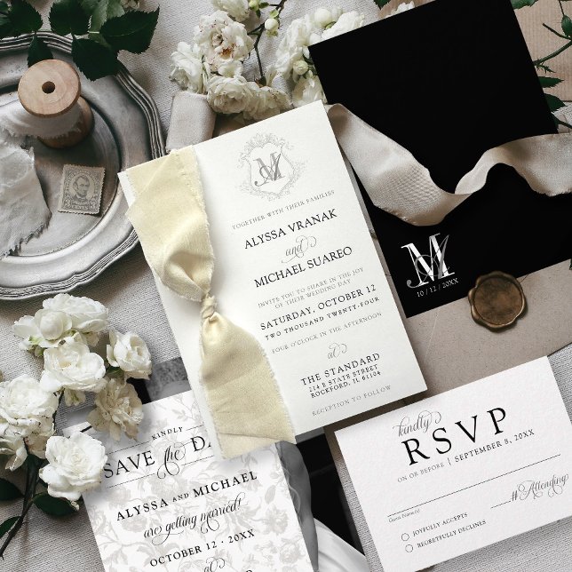 Convites Casamento de Fita de Fita de Crest. (Modern vintage flowers monogram logo wedding invitation suite, black & white theme, just add ribbon)