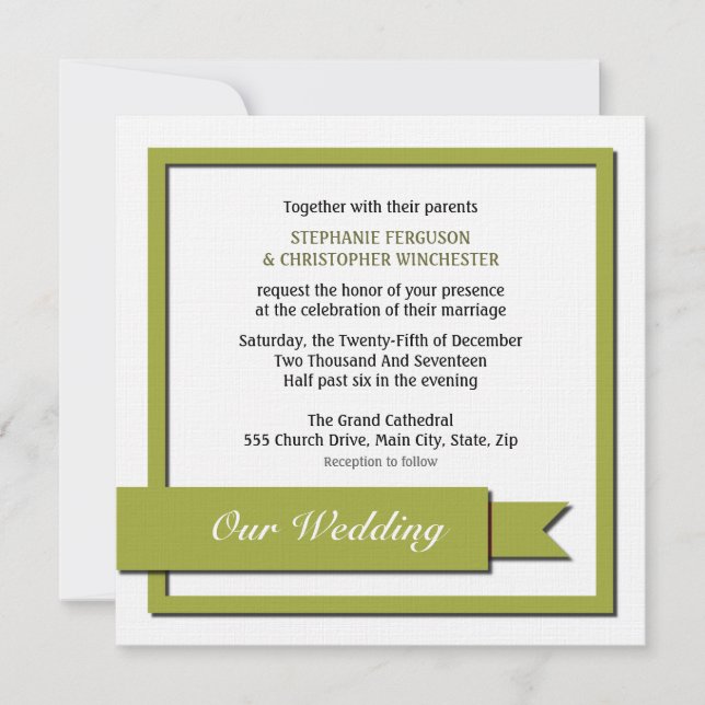 Convites Casamento de Fita Verde-Oliva (Frente)