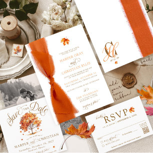 Convites Casamento de Fitas de Outono Modernas e Folhas Sim