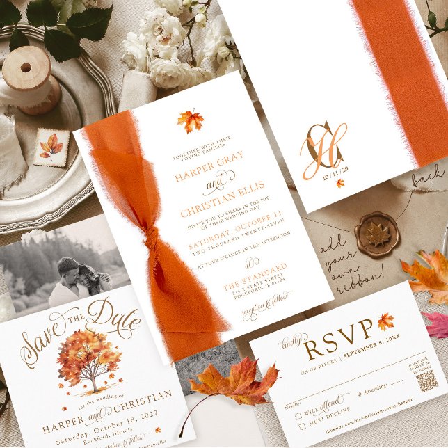 Convites Casamento de Fitas de Outono Modernas e Folhas Sim (Simple elegant watercolor fall leaf tree script monogram Autumn wedding invitation, just add ribbon!)