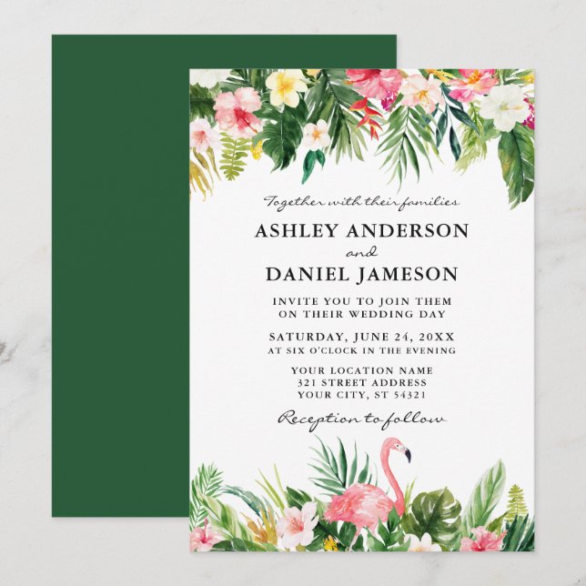 Convites Casamento de Flamingo Floral Tropical Watercolor (Frente/Verso)