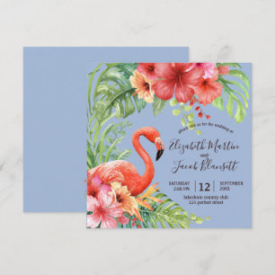 Convites Casamento de Flamingos e Hibiscus com Aquarela Tro