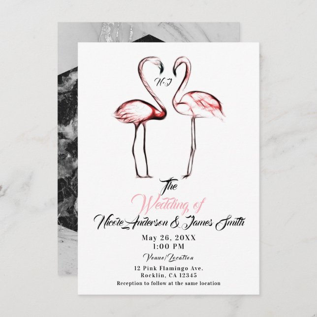 Convites Casamento de Flamingos Flamingo Black Marble, cor- (Frente/Verso)
