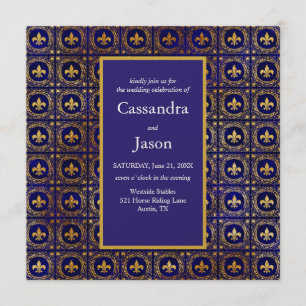Convites Casamento de Fleur-de-lis azul e Dourado