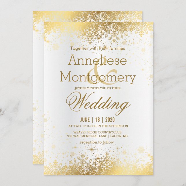 Convites Casamento de flocos de neve Dourados e brancos de  (Frente/Verso)
