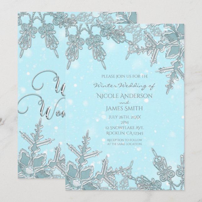 Convites Casamento de Flocos de Neve Elegantes Terra de Inv (Frente/Verso)