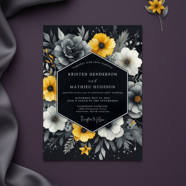 Convites Casamento de Flor Amarela de Carvão (Criador carregado)